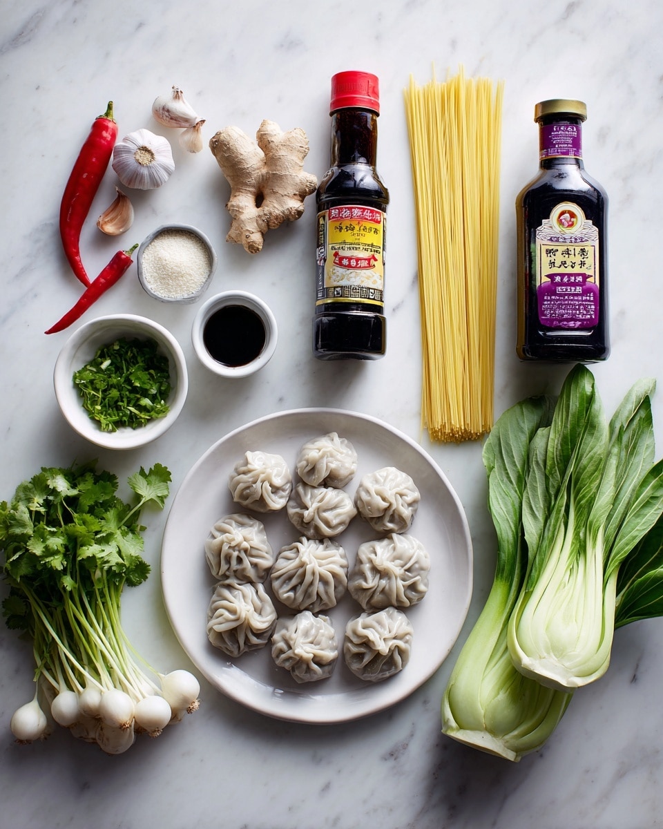 On a white marbled surface, there are many cooking ingredients neatly arranged. On the left, three garlic cloves, a red chili, a piece of ginger, and a small white bowl of green cilantro leaves are placed. Next to them, there is a bottle of dark soy sauce with a red label, a smaller bottle of dark sesame oil with a purple label, and a small container of white granules. Two packs of yellow noodles stand upright near three long green onions and two bunches of fresh green bok choy with white stems. In the center, a white plate holds a pile of grayish-white dumplings arranged in layers. photo taken with an iphone --ar 4:5 --v 7