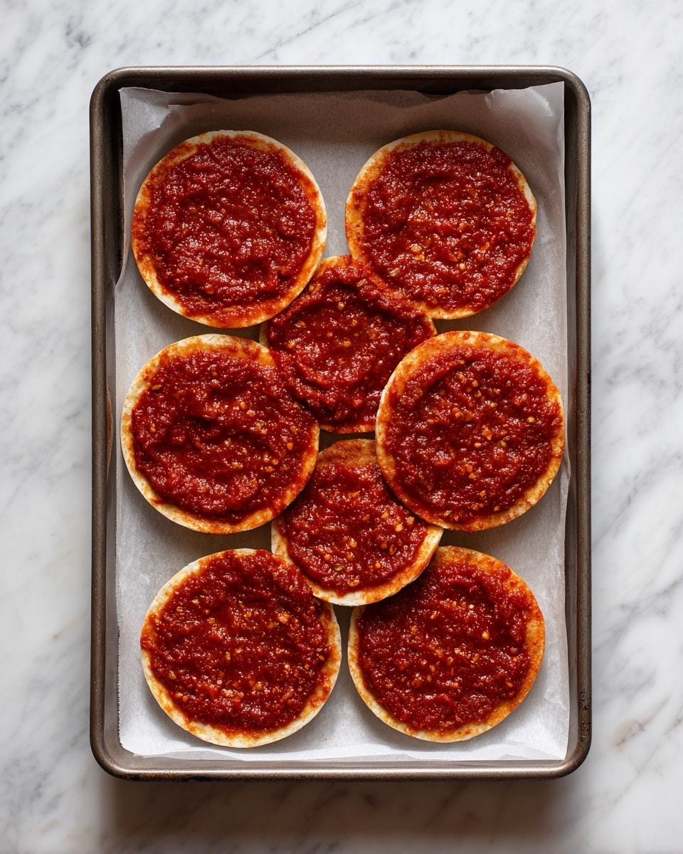 The image shows a metal baking tray lined with white parchment paper, holding eight small, round mini pizza bases arranged in two rows of four. Each base is topped evenly with a layer of chunky red tomato sauce, which has a rich, textured surface with some small bits visible, suggesting a homemade style. The tray is placed on a surface with a white marbled texture. No other ingredients or decorations are present on the mini pizzas. photo taken with an iphone --ar 4:5 --v 7
