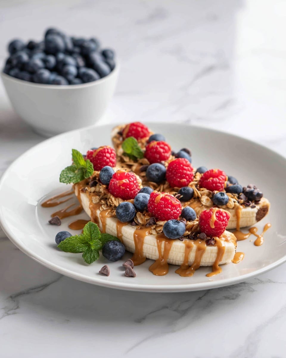 The dish shows two banana halves placed side by side in the middle of a white plate on a white marbled surface. On top of the bananas, there is a mix of granola, bright red raspberries, and dark blue blueberries scattered across in an uneven pile. Thin swirls of caramel-colored peanut butter sauce are drizzled over the bananas and fruit, creating a smooth texture on top. Small brown cacao nibs are sprinkled around and on the fruit. A small sprig of green mint leaves adds a pop of color in the center. In the background, a white bowl full of fresh blueberries is partially visible. Photo taken with an iphone --ar 4:5 --v 7