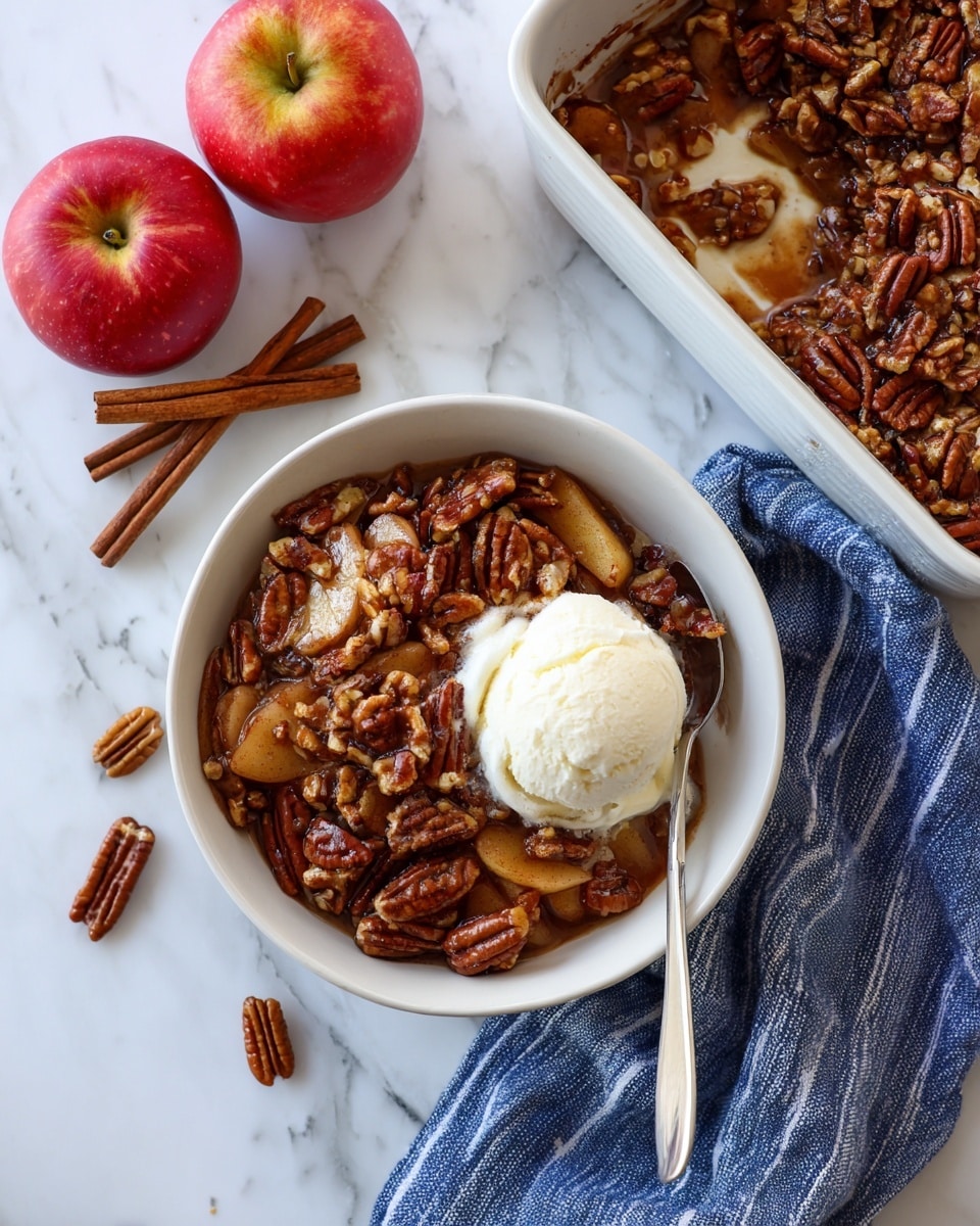 The image shows a white bowl filled with warm apple dessert made of soft, sliced, caramel-colored apples mixed with brown syrup and dark brown pecan nuts scattered on top. There is a scoop of creamy white ice cream placed on one side of the apples, slightly melting. A silver spoon rests inside the bowl. The bowl sits on a white marbled surface next to a white baking dish filled with more of the apple dessert. Nearby there are two red apples and a cinnamon stick. A blue and white striped cloth is placed under the baking dish. Photo taken with an iphone --ar 4:5 --v 7