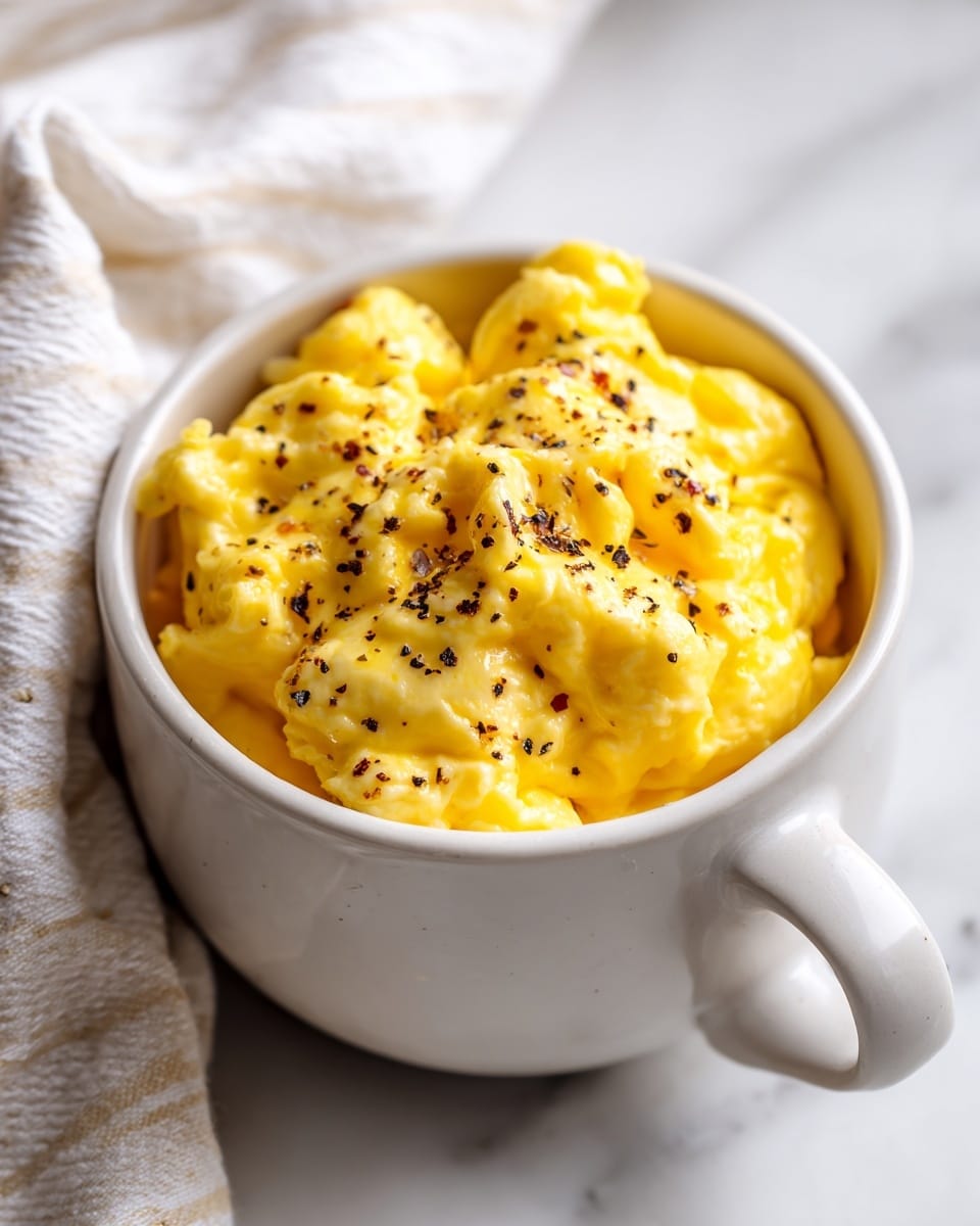 A close-up view of soft scrambled eggs served in a white cup with a handle, filled almost to the top with fluffy, bright yellow scrambled eggs that have a creamy texture and are unevenly shaped. The eggs are topped with black pepper flakes scattered across the surface. The cup is sitting on a white marbled surface next to a white and beige striped cloth towel. The light highlights the smoothness and slight glossiness of the eggs, making them look warm and inviting. photo taken with an iphone --ar 4:5 --v 7