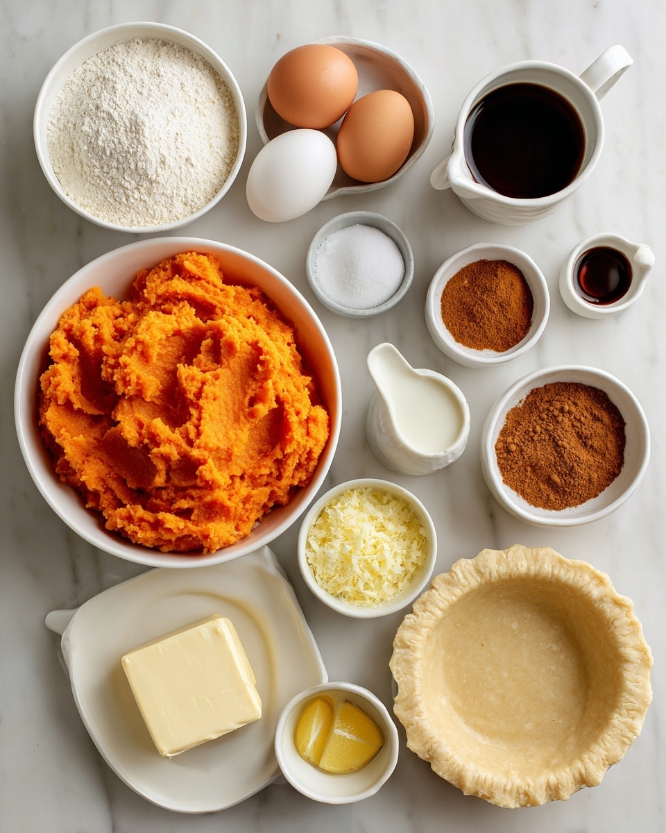This image shows ten small white bowls and containers arranged on a white marbled surface, each holding different ingredients. In the top left, a white bowl contains yellow cornmeal with a grainy texture. To its right, a slightly larger white bowl holds white flour with a soft powdery look. Below cornmeal is a small black bowl with white salt crystals, and under the flour is another small black bowl with white baking powder. In the center, a clear glass cup is filled with off-white buttermilk. To the right of it, a white bowl holds two raw eggs with shiny, bright orange yolks and clear whites. Below the baking powder is a small white bowl with white sugar, smooth and fine. On the right, a white bowl holds two pale yellow sticks of butter. Near the bottom left, another white bowl contains dark amber honey, glossy and thick, and beside it, a white bowl is filled with chopped green jalapenos. Finally, at bottom right, a white bowl holds bright orange shredded cheddar cheese with a slightly jagged texture. photo taken with an iphone --ar 4:5 --v 7