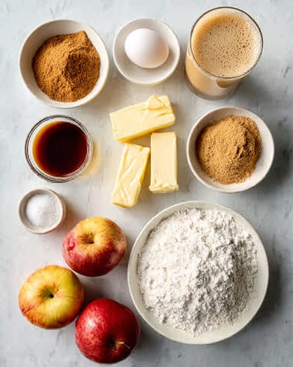 The image shows neatly arranged ingredients on a white marbled surface for making a sweet potato pie. There is a white bowl with an unbaked pie crust at the bottom. Around it, there is another white bowl filled with bright orange mashed sweet potatoes, a small white bowl with cinnamon and nutmeg powder, and a small white cup with milk. Also shown are a small white bowl of sugar, a white bowl containing two eggs, a square pat of butter on a white dish, a tiny white bowl of lemon juice, a small white container with lemon zest, and a small amount of dark vanilla extract in a white cup. The ingredients are all separated and clearly visible. Photo taken with an iphone --ar 4:5 --v 7