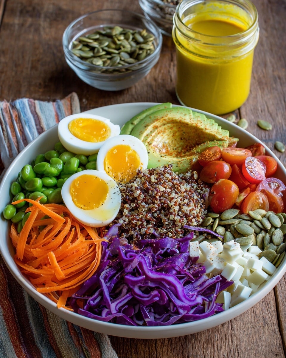 A large white bowl filled with several colorful layers of fresh ingredients arranged separately. Starting from one side, there are two halved hard-boiled eggs with bright yellow yolks, light green broad beans, red cherry tomato halves, thin orange shredded carrots, purple shredded cabbage, and a pile of light brown cooked quinoa. On top of the quinoa, there are green pumpkin seeds, and next to them are small white tofu cubes. Nearby are thin white onion slices and a sliced avocado fan with a sprinkle of spice on top. The bowl sits on a wooden surface with a small glass jar of yellow dressing and another glass bowl of pumpkin seeds in the background. The photo taken with an iphone --ar 4:5 --v 7