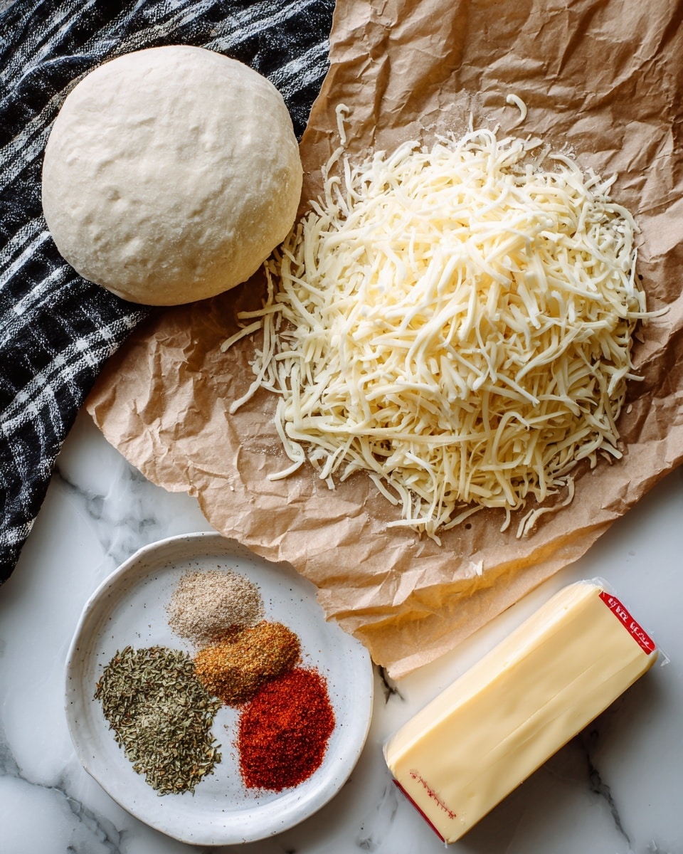 The image shows a round ball of dough sitting on brown crumpled paper to the left side. Next to it on the right is a large pile of shredded cheese with white and light yellow colors, spread on the same paper. Below the dough and cheese is a small white plate holding three piles of spices: one greenish, one red-brown, and one tan. At the bottom right corner is a stick of butter with a mostly yellow color and red detail on the wrapper. The setting surface is a white marbled texture, with a black and white checkered cloth partially visible at the top left corner. Photo taken with an iphone --ar 4:5 --v 7