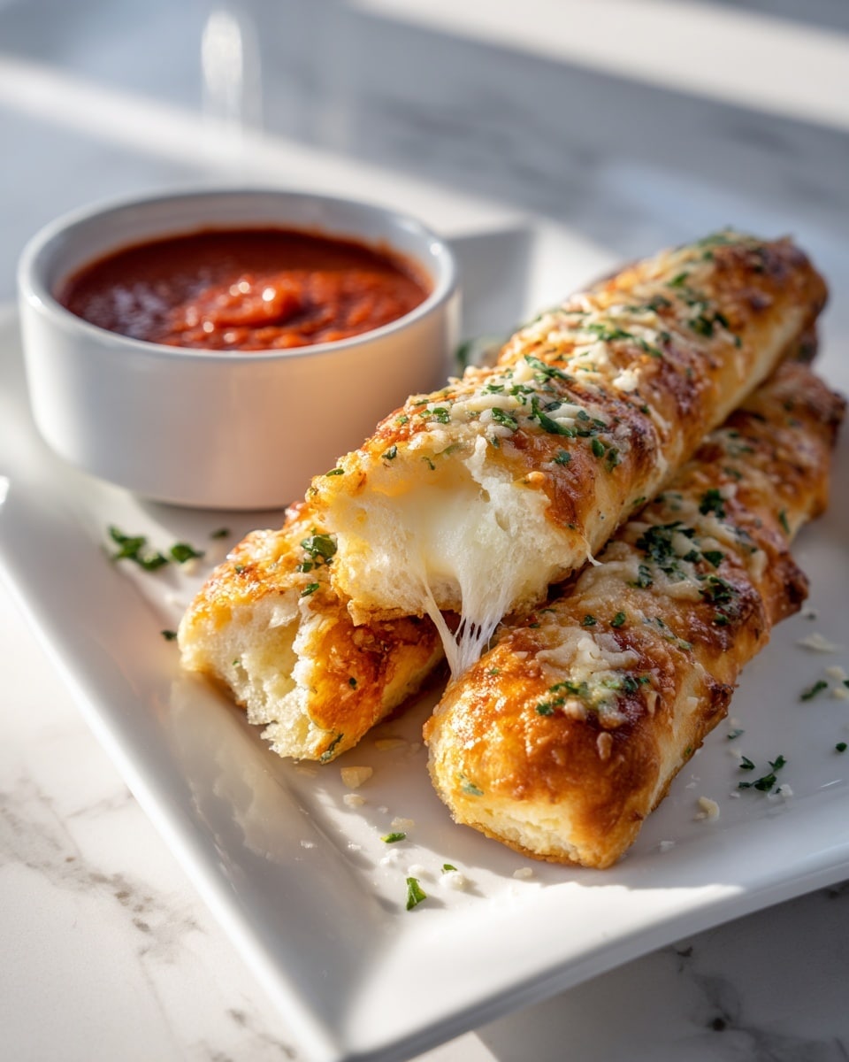A white rectangular plate holds two golden brown breadsticks sprinkled with green herbs and grated cheese on top. One breadstick is broken open, showing stringy white melted cheese inside. Next to the breadsticks, there is a small white bowl filled with thick red marinara sauce. The plate sits on a white marbled surface with soft natural light casting gentle shadows. photo taken with an iphone --ar 4:5 --v 7