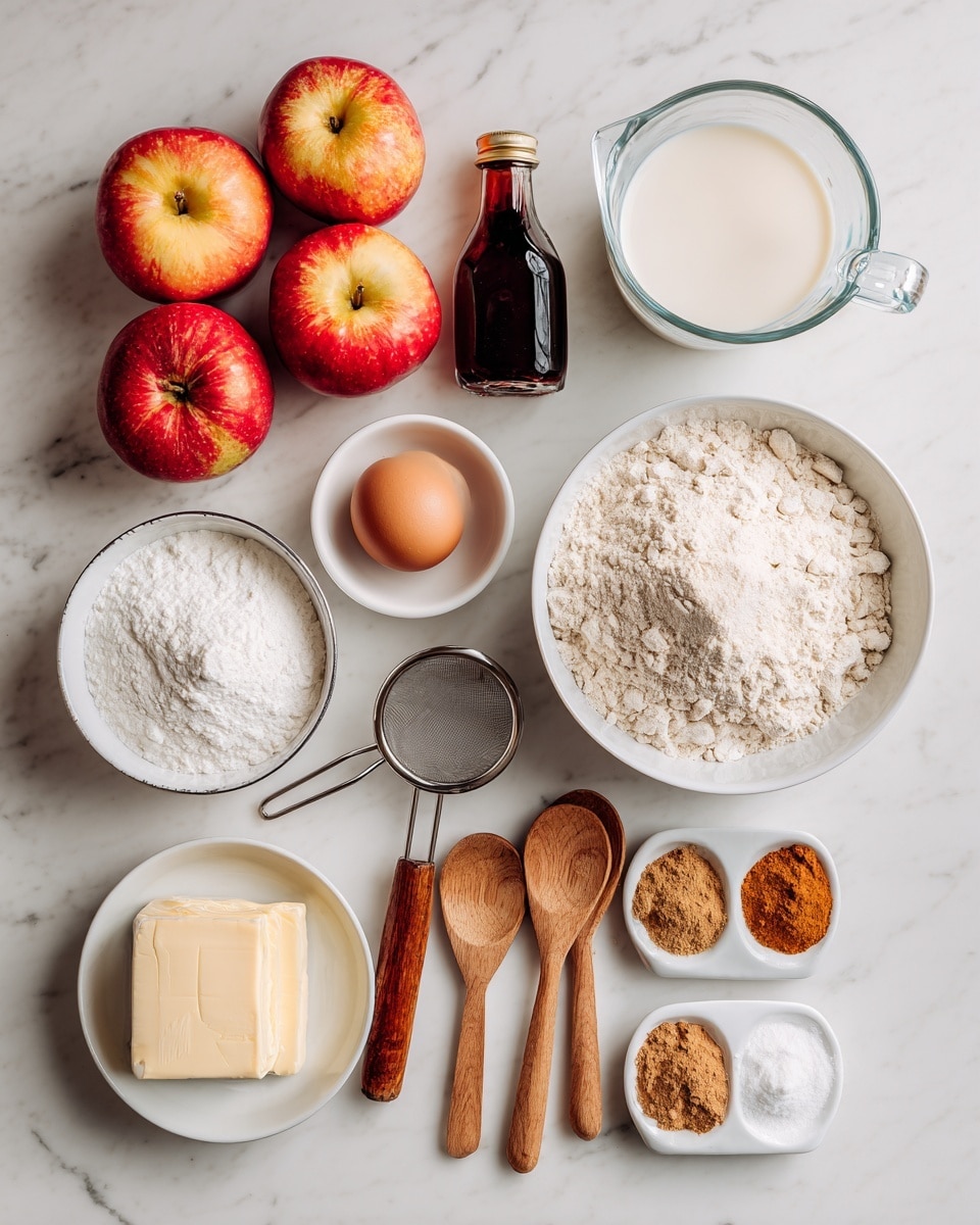 The image shows a white marbled surface with various baking ingredients arranged neatly. There are three red and yellow apples near the top left, a clear glass measuring cup with milk to the top right, a small white bowl filled with sugar below the measuring cup, and a white bowl holding two eggs to the left of the sugar bowl. A dark bottle of vanilla extract lies near a sifter with a wooden handle in the center. Next to these, on the right, are three small wooden spoons each filled with different ingredients: cinnamon, a white powder, and a brown spice. A small, wrapped stick of butter and a white bowl filled with flour sit near the bottom. Photo taken with an iphone --ar 4:5 --v 7