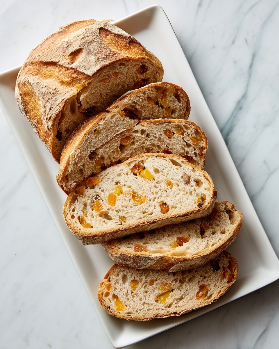 The image shows a loaf of bread sliced and arranged on a white rectangular plate. The bread has five visible slices, each showing a light brown crumb with small chunks of orange fruit or vegetable evenly spread inside. The crust is a slightly darker brown with a rough texture, and the slices lean slightly against each other. The plate sits on a white marbled surface, giving a clean look. Photo taken with an iphone --ar 4:5 --v 7