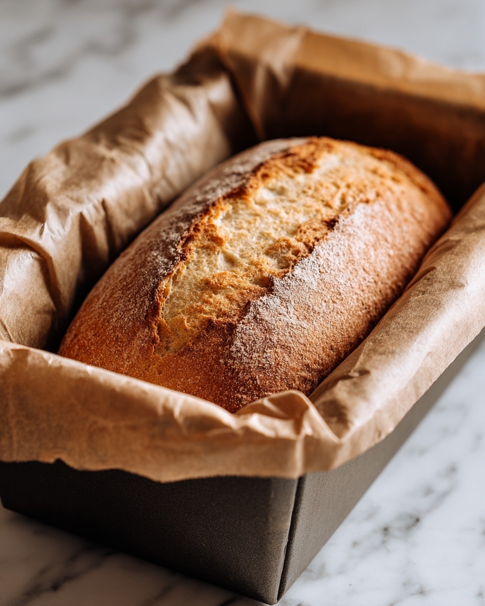 The image shows a loaf of freshly baked bread with a golden-brown crust and a slightly rough texture on top. The bread is inside a baking pan lined with brown parchment paper, and the sides of the bread have a soft, light brown color. You can see some uneven, slightly cracked parts on the top, indicating a homemade look. The pan is placed on a white marbled surface. Photo taken with an iphone --ar 4:5 --v 7