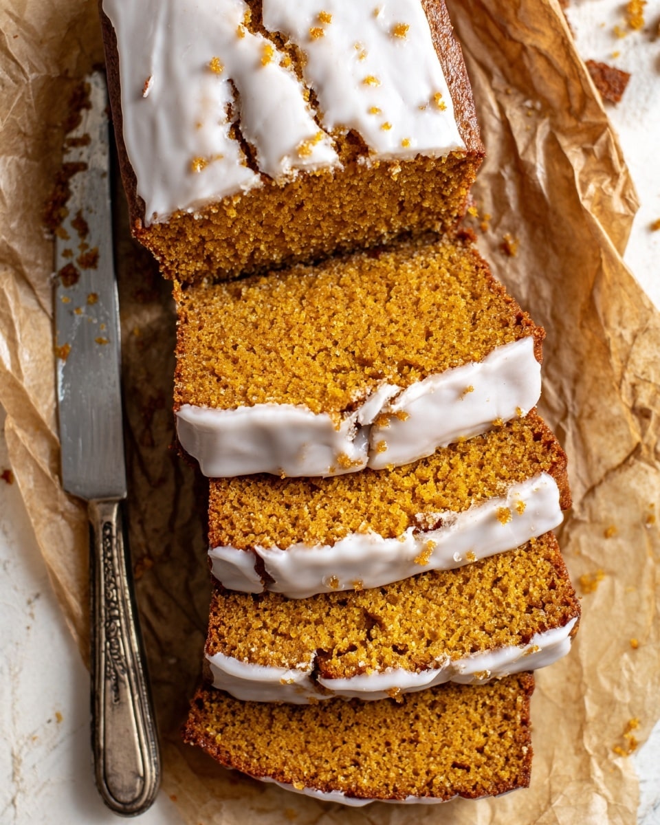 The image shows a loaf cake with a dark brown color and moist texture, placed on a white plate. The cake has been sliced, showing its dense and slightly crumbly inside. It is topped with a light brown sauce that flows over the top and pools around the base on the plate. The background is a white marbled surface, giving a clean and bright look to the image. photo taken with an iphone --ar 4:5 --v 7