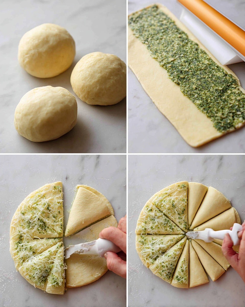 The image shows a step-by-step process of making a layered dough dish. It starts with four thick, round dough pieces placed on a white marbled surface, then the dough balls are smooth and slightly browned. One dough ball is rolled out flat and thin with a white and orange rolling pin on the same white marbled background. Next, a green herb spread with a coarse texture is evenly spread over the flat dough using a knife. Another layer of plain dough is partially placed on top, covering half of the herb layer. Finally, the dough is cut into 16 long, triangular segments from the edges toward the center where there is a white reamer tool holding the dough in place. The colors mainly include the light golden dough and the green herb spread, all on a white marbled surface. photo taken with an iphone --ar 4:5 --v 7