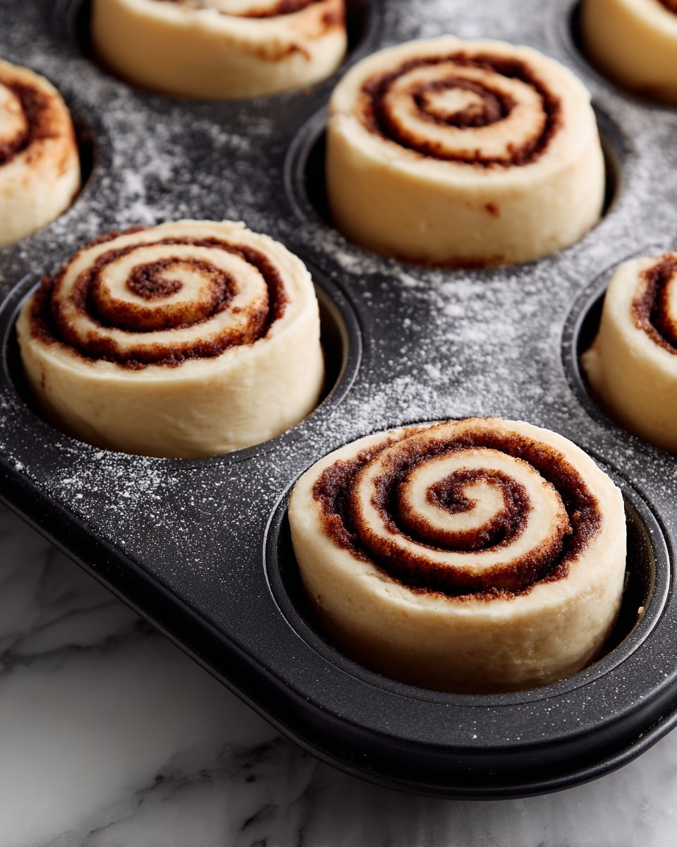 The image shows two close-up views of unbaked cinnamon rolls inside a black non-stick muffin tray, each held in one of the tray's circular compartments. Each cinnamon roll has two visible layers: a creamy light beige dough rolled around a spiral of brown cinnamon sugar filling. The dough looks soft and slightly shiny, with a smooth texture and swirled pattern going inward toward the center. The black tray has a light dusting of flour lightly coating the edges of the compartments, adding a white powdery texture. The tray sits on a white marbled surface. photo taken with an iphone --ar 4:5 --v 7