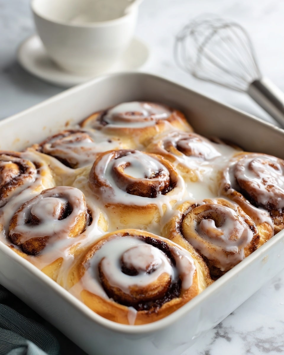 A close-up of six cinnamon rolls arranged in two rows inside a white square baking dish; each roll has soft, light golden-brown dough spiraled tightly, with a dark brown cinnamon layer visible in the swirls, all topped with a glossy, white icing that drips slightly between the rolls, giving a shiny, smooth texture. The dish sits on a white marbled surface, and in the background, a white bowl and metal whisk slightly out of focus add a subtle kitchen setting. Photo taken with an iphone --ar 4:5 --v 7