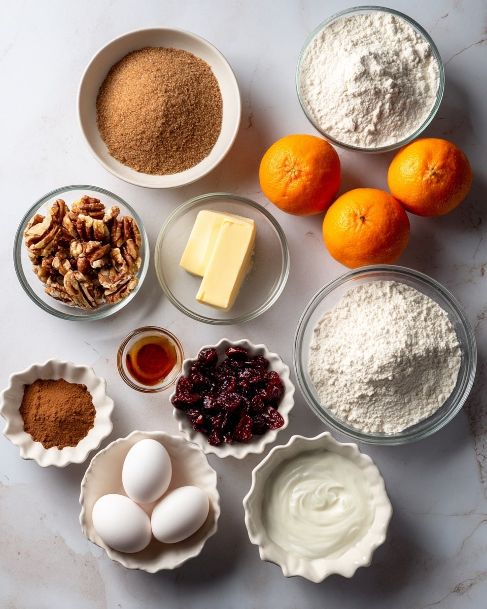A flat lay image of various baking ingredients arranged neatly on a white marbled surface, including a white bowl with brown sugar at the top left, a clear glass bowl with white flour on the top right, a small stick of light yellow unsalted butter below the brown sugar, a small clear bowl of chopped nuts in the center, two whole bright orange oranges to the right, a white bowl filled with dark red dried cranberries below the butter, two white eggs beside the cranberries towards the bottom left, a small white scalloped bowl with brown cinnamon powder in the center below the nuts, a small clear glass bowl of white yogurt at the bottom right, a small brown bowl with white baking powder and salt near the yogurt, and a small white scalloped bowl with light brown vanilla extract at the bottom left corner, photo taken with an iphone --ar 4:5 --v 7
