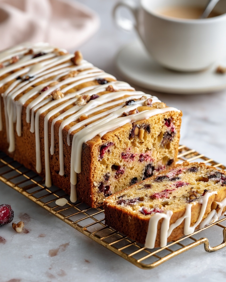 A close-up of a rectangular, thick slice of cake resting on a gold cooling rack placed on a white marbled surface, showing three visible textured layers inside: a light golden brown base cookie-like layer dotted with red berry pieces and small dark chocolate chips, with visible walnut chunks spread evenly throughout. On top, a golden brown crust with a shiny texture, drizzled in a zigzag pattern with smooth, white icing. Behind the cake, there is a white cup with a spoon inside, blurred in the background. photo taken with an iphone --ar 4:5 --v 7
