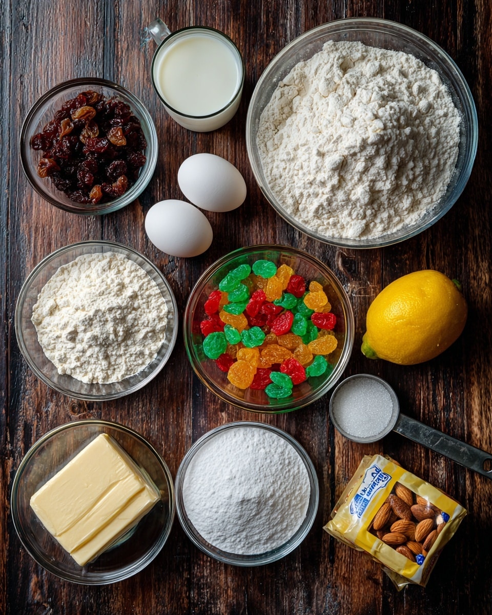 The image shows a flat lay of various baking ingredients arranged on a dark wooden surface with a white marbled texture. There is a large clear glass bowl filled with white flour at the top right, and next to it are three whole white eggs. Below the flour is a small glass bowl holding colorful chopped candied fruits in red, green, and orange pieces. To the left of the candied fruits, a clear glass bowl contains dark brown raisins. Above the raisins, a small bowl with a white powder is present. Near the center left is a small clear glass filled with milk, sitting next to a light yellow stick of unsalted butter in wrapper. Near the bottom center is a white bowl filled with white powdered sugar. To the right of the powdered sugar, a small measuring cup contains white granulated sugar, and beside it lies a yellow lemon. Next to the lemon is a yellow and blue packet of instant yeast. Above the sugar cup, a small metal measuring cup holds sliced almonds. The photo was taken with an iphone --ar 4:5 --v 7
