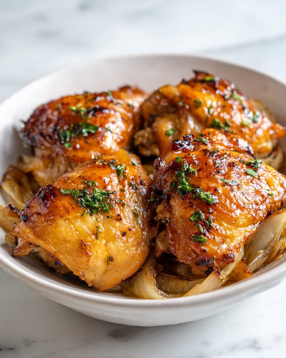 The image shows a white bowl filled with three golden brown cooked chicken thighs on top. The chicken has a shiny glaze with a slightly sticky glaze texture. Below the chicken, there are soft, caramelized onions with a light brown color. Sprinkled on the chicken are small green herbs, adding a fresh touch. The bowl is set on a white marbled surface. photo taken with an iphone --ar 4:5 --v 7