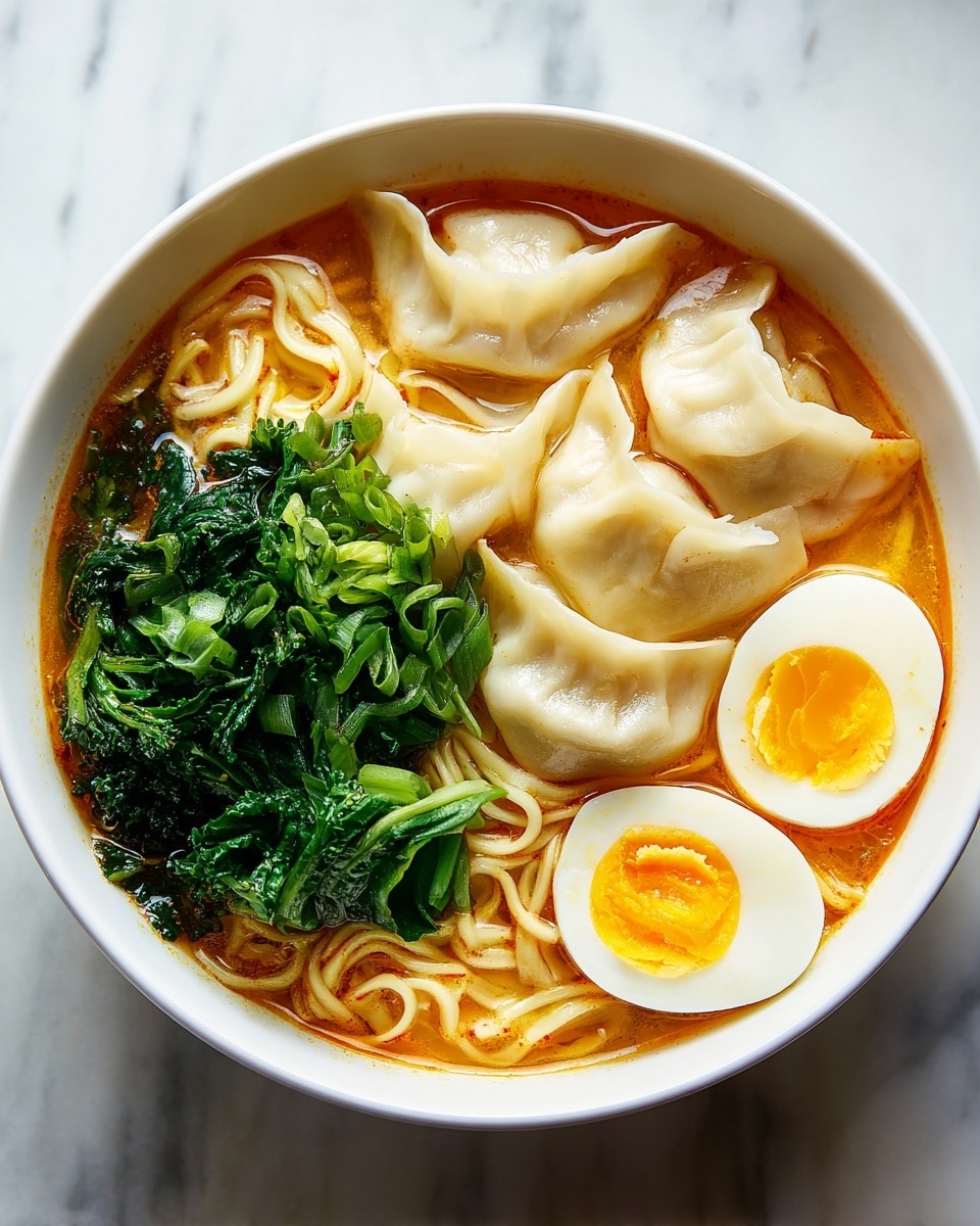 A white bowl filled with light orange broth holding thin, soft noodles at the bottom layer. On top of the noodles, there are several smooth, folded dumplings with a pale, light dough color. Beside the dumplings, bright green leafy vegetables add color on one side. A halved boiled egg with a yellow yolk soft in the center and white outer layer rests near the green vegetables. The surface the bowl sits on is a white marbled texture. photo taken with an iphone --ar 4:5 --v 7