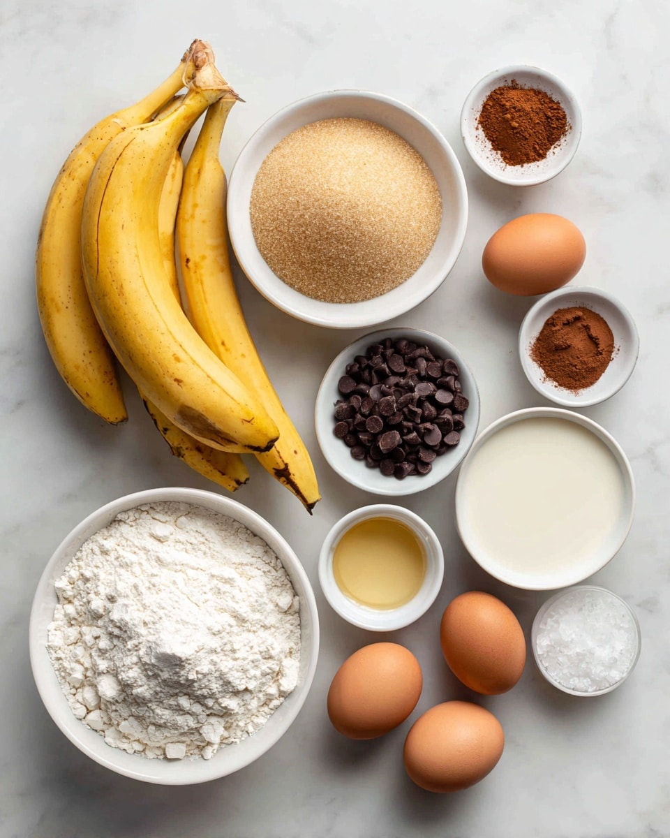 The image shows all the ingredients for making banana chocolate chip muffins placed neatly on a white marbled surface. There are two overripe bananas on the lower left, above a pile of white flour. Next to the flour is a small mound of light brown sugar. To the right of the sugar is a small pile of chocolate chips. Above the chocolate chips is a small pile of ground cinnamon. Near the top right are two brown eggs, slightly apart, with a small pile of sea salt to their left and baking powder below the sea salt. To the left of the baking powder is a small pool of vanilla extract and a small pool of melted butter above two spoonfuls of milk in a white bowl. Each ingredient is clearly separated, showing different colors and textures like yellow bananas, white flour, brown sugar, dark chocolate chips, and light brown cinnamon. photo taken with an iphone --ar 4:5 --v 7