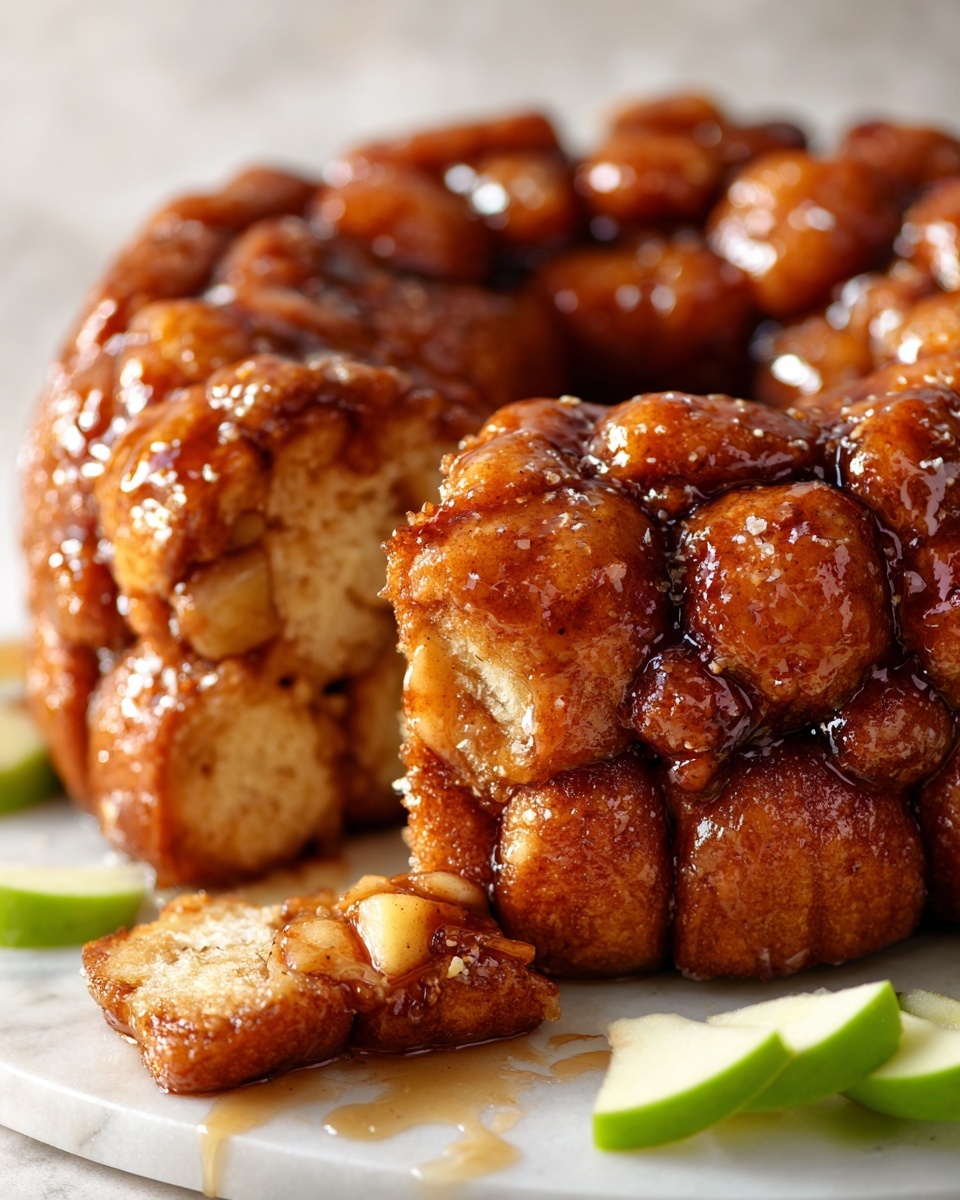 Apple Cinnamon Pull-Apart Bread with Glaze Recipe 5 A close-up view of a round cinnamon monkey bread with many small, shiny, brown dough pieces stuck together, covered in sticky syrup. The bread shows soft, light tan dough inside with cinnamon specks and small pieces of cooked apples in the middle. There are green apple slices around the bread on a white marbled surface, one piece of bread slightly pulled apart revealing the layered dough and apple filling inside. Photo taken with an iphone --ar 4:5 --v 7
