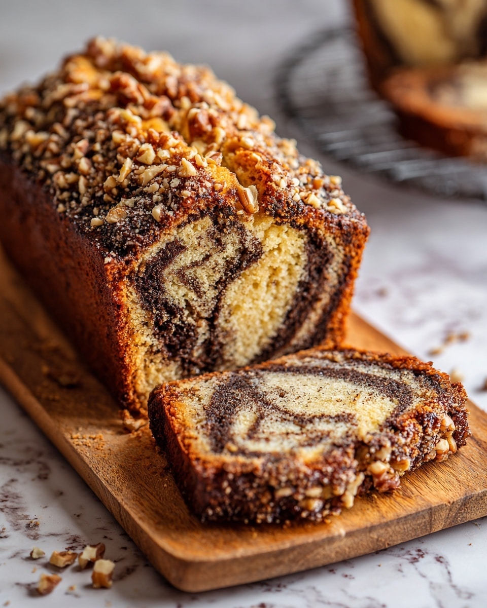 A sliced loaf of nut-topped cake sits on a wooden board with one slice pulled forward, showing layers of light brown cake with dark swirls inside. The cake's top is covered with chopped nuts that spill onto the board. More of the same cake appears blurred in the background resting on a wire rack. The surface beneath is a white marbled texture photo taken with an iphone --ar 4:5 --v 7