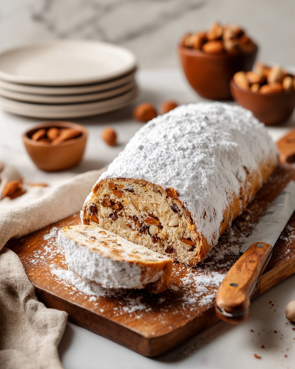 A loaf of bread covered with a thick layer of white powdered sugar sits on a wooden cutting board. The bread is sliced to show its inside, which has a light brown crumb filled with pieces of nuts and dried fruit, and a dense golden brown center. The texture looks soft and crumbly with visible bits of almonds and raisins inside. To the right, a wooden-handled knife lies on the board next to the bread. In the background, there are stacked white plates on a white marbled surface and small wooden bowls holding whole nuts. A beige cloth is placed on the left side near the bread. Photo taken with an iphone --ar 4:5 --v 7