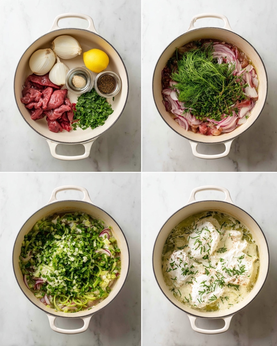 The image shows four step-by-step photos of a cooking process in a white pot on a white marbled surface. The first photo displays raw ingredients arranged neatly: small red pieces of meat, sliced onions, two halved lemons, fresh green herbs, and several small jars with spices or liquids. The second photo shows the meat pieces cooking in a pink creamy sauce inside the white pot. The third photo adds chopped green vegetables layered on top of the meat and sauce, filling the pot halfway with bright fresh green and light cream colors mixing. The fourth photo shows the dish partially cooked, with white dollops of yogurt or cream mixed with the green sauce, and the texture appears creamy and soft, with some herbs scattered on top. photo taken with an iphone --ar 4:5 --v 7