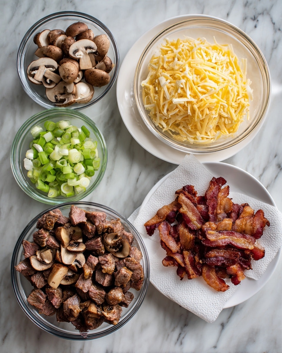 The image shows five containers with different food items arranged on a white marbled surface. The largest container is a clear round bowl filled with chopped pieces of cooked steak, showing a mix of browned and pinkish meat. Above it, there are two small clear round bowls side by side; the left one contains small pieces of cooked mushrooms, and the right one has sliced green onions with white and light green rings. To the right, a white plate is heaped with shredded yellow cheese. Below the plate, another clear round bowl holds crispy cooked bacon pieces on a white paper towel. The overall setup has a clean, organized look. photo taken with an iphone --ar 4:5 --v 7