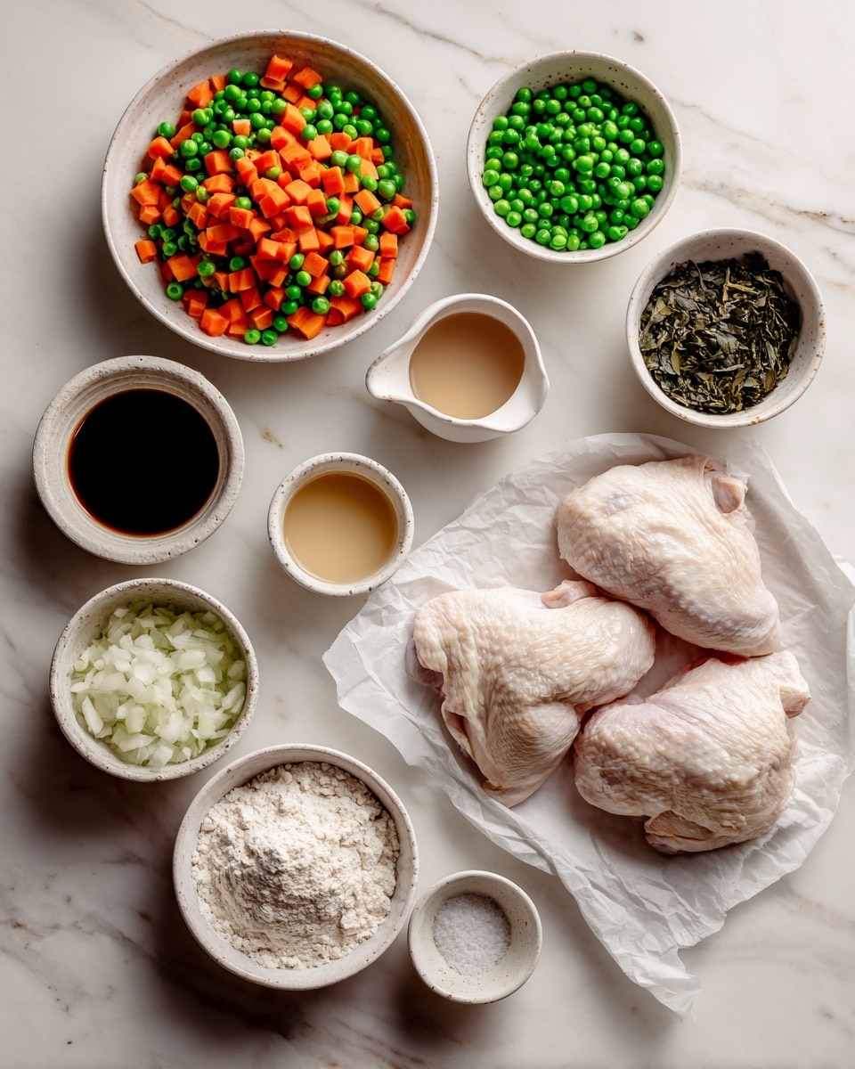 The image shows the ingredients for a dish arranged neatly on a white marbled surface. There are two pieces of raw chicken placed on white parchment paper in the center. Around them are bowls with different ingredients: an eight-layered bowl of diced mixed vegetables with bright orange carrots and green peas, a white bowl full of finely chopped white onions, a white bowl of dark green dried leaves, a small white bowl of salt, a tiny white bowl of a light beige powder, and three other small cups filled with light brown, white, and clear liquid sauces. White flour is in a small mound directly on the surface near the chicken. The overall look is clean, bright, and organized. Photo taken with an iphone --ar 4:5 --v 7