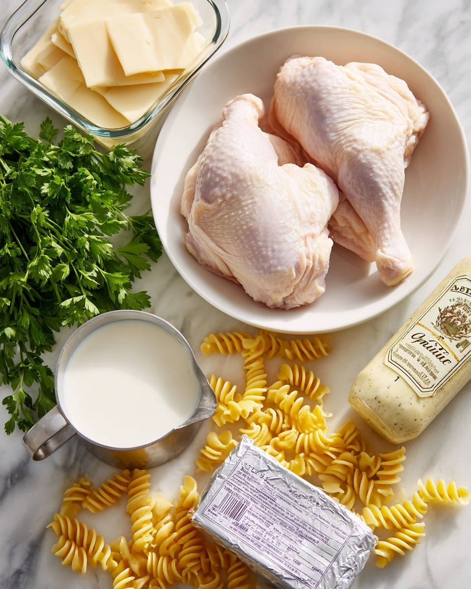 A white bowl in the center holds two raw pale pink chicken pieces with smooth, slightly shiny skin. To the left of the bowl, a transparent container is filled with light beige thin cheese slices. Below this container, there is a silver measuring cup filled with white milk. In front of the bowl, yellow spiral pasta pieces are scattered on a white marbled surface. A silver-wrapped rectangular block of cream cheese sits near the pasta, showing purple text and measurement guides. To the right of the bowl, a bottle of creamy beige Parmesan garlic sauce with black and yellow label lies on its side. Behind everything, fresh bright green parsley with leafy texture spreads across the white marbled surface. Photo taken with an iphone --ar 4:5 --v 7