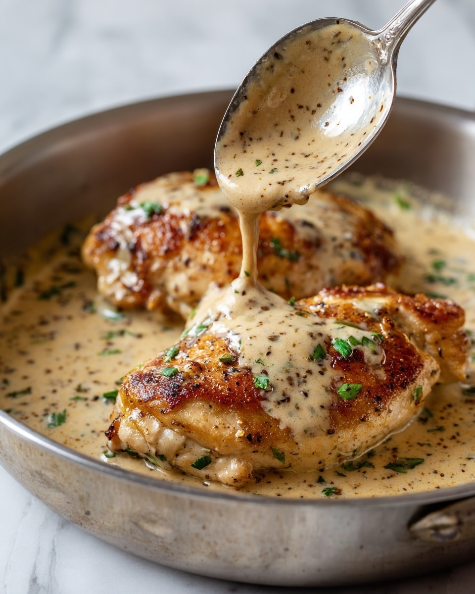 The image shows two cooked chicken pieces in a pan covered with creamy light brown sauce with specks of black pepper and green herbs. A silver spoon with a shiny surface is pouring more sauce onto the chicken in the foreground. The chicken is golden brown with a slightly crispy texture, and the sauce looks smooth and thick, surrounding the chicken evenly. The pan is made of metal and shiny, reflecting light on its edges, set on a white marbled surface. photo taken with an iphone --ar 4:5 --v 7