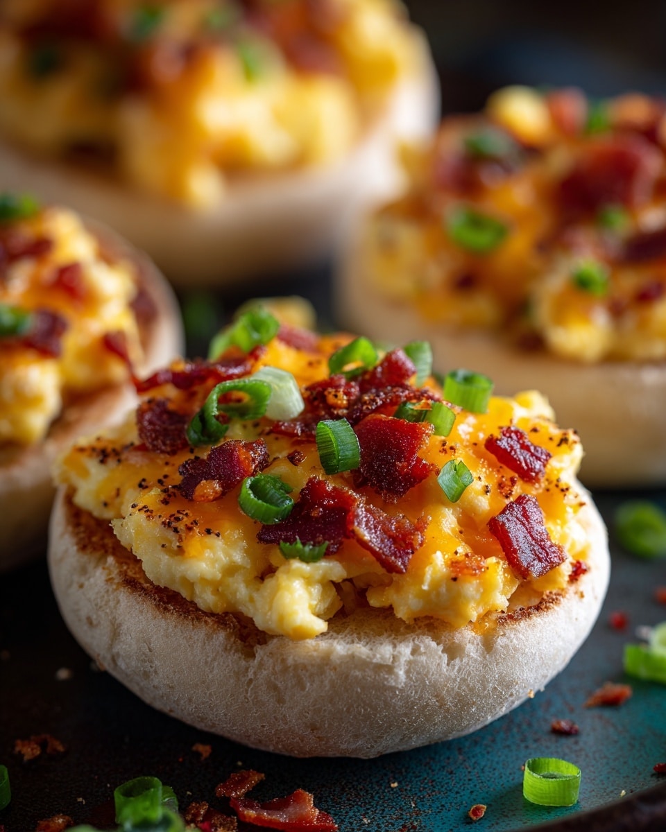 The image shows a close-up of a white English muffin toasted with three layers: the bottom is the muffin in light brown with a slightly rough texture, the middle layer is fluffy yellow scrambled eggs with soft, uneven texture, and the top layer includes small pieces of orange melted cheese, red crispy bacon bits, and chopped green onions sliced into small rings scattered evenly. The muffins are placed on a dark surface with a slightly blurred background showing more of the same muffins. photo taken with an iphone --ar 4:5 --v 7