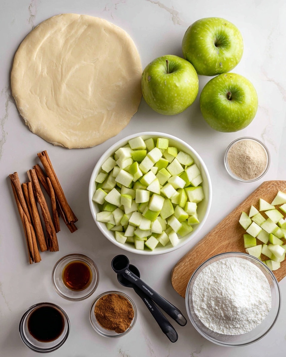 The image shows several fresh ingredients arranged on a white marbled surface. On the left, there is a rolled-out dough sheet with a smooth, pale cream texture. Near the top left, there are whole green apples with a shiny, smooth surface. In the center is a white bowl filled with evenly diced green apple pieces, showing a mix of green skin and white flesh. Around the bowl, there are black measuring spoons with brown cinnamon powder, dark vanilla extract, and light brown sugar inside them. Several cinnamon sticks are placed near the measuring spoons and one set is at the bottom left. To the right, there is a clear glass bowl filled with white granulated sugar and a wooden board with more diced green apple pieces. photo taken with an iphone --ar 4:5 --v 7