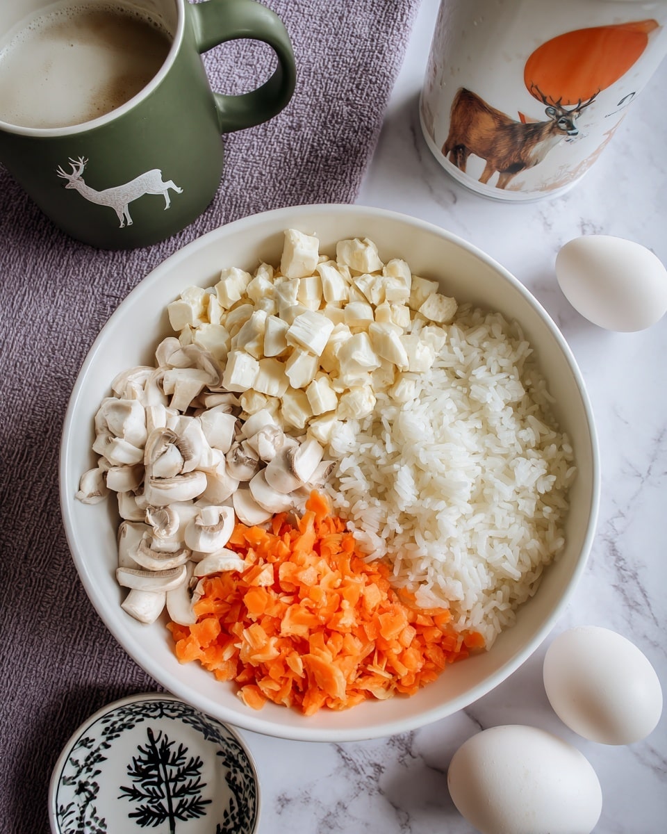The image shows a white bowl on a white marbled surface filled with three sections: chopped white mushrooms on the top left, finely chopped orange carrots on the bottom left, and white rice on the right side. Around the bowl, there are two white eggs placed to the right, a small decorative black and white bowl with white milk at the bottom left, a green mug with a white deer silhouette in the top right area, and a container with a picture of an orange circle on the top left. The background is a purple textured cloth. Photo taken with an iphone --ar 4:5 --v 7