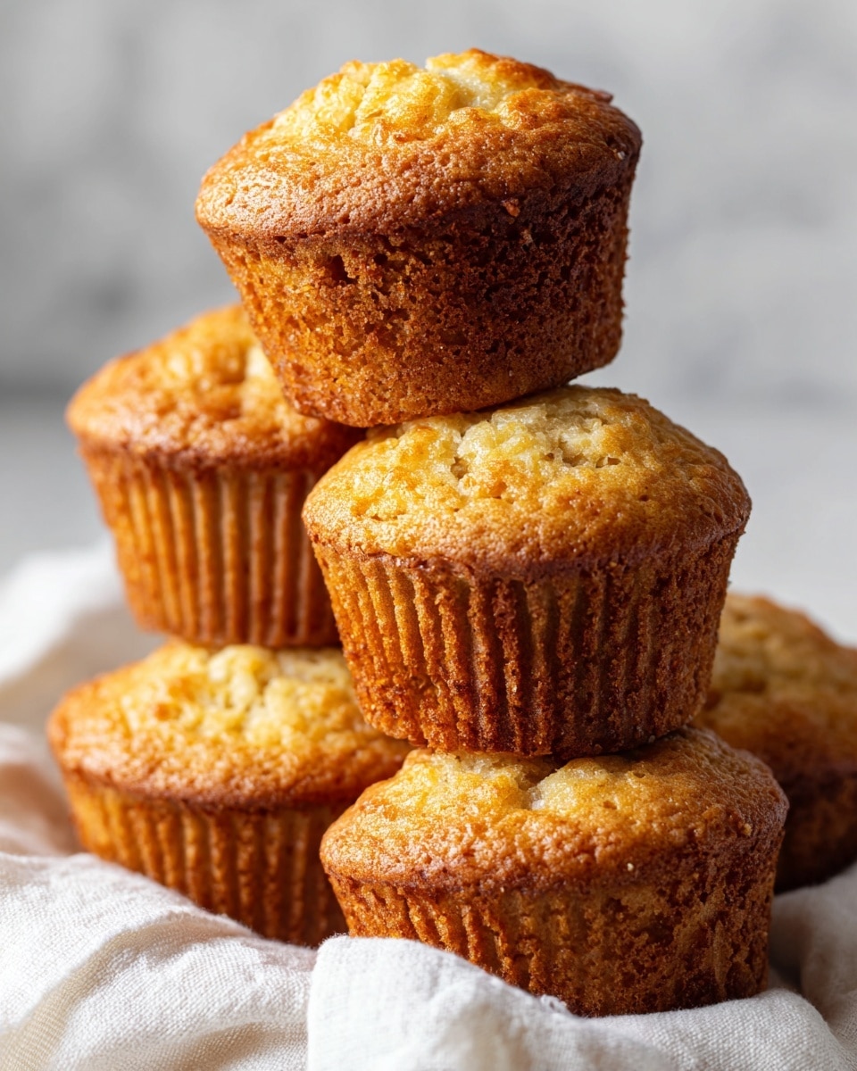 A close-up image of several golden brown muffins stacked on each other, showing slightly rough and crumbly textures on the top and sides. They are resting on a soft white cloth inside a white bowl, placed on a white marbled surface. The muffins have a warm, baked look with small cracks and a light crust. photo taken with an iphone --ar 4:5 --v 7