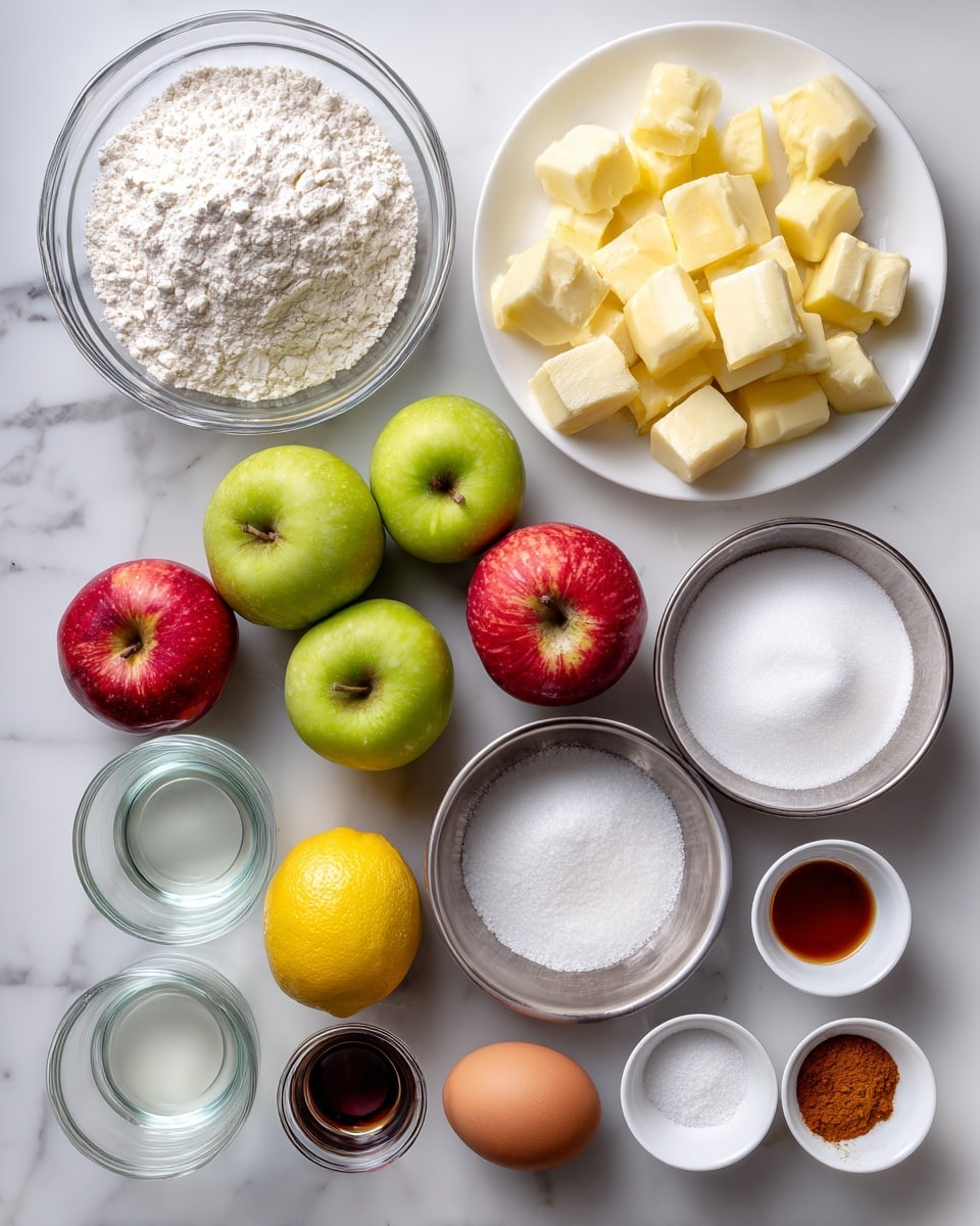 The image shows a white marbled surface with several ingredients neatly arranged. At the top left, there is a clear glass bowl filled with white flour. To the right, a white plate holds many small, pale yellow cubes of butter. Below the flour, there are six whole apples in green and red tones, with two red apples in the middle and green apples mixed at the edges. A whole yellow lemon sits slightly right of the apples. Below the lemon, there is a silver bowl filled with white granulated sugar. On the right side in small white bowls, there is white granulated sugar, small white granules (probably salt), a dark brown liquid (likely vanilla), white coarse salt, and in the bottom small bowl, a mix of ground spices in brown and orange shades. A single brown egg stands on the far right side. At the bottom left, two glass containers hold clear water and a white liquid, possibly cream. The setup is clean and well-organized, ready for baking. Photo taken with an iphone --ar 4:5 --v 7