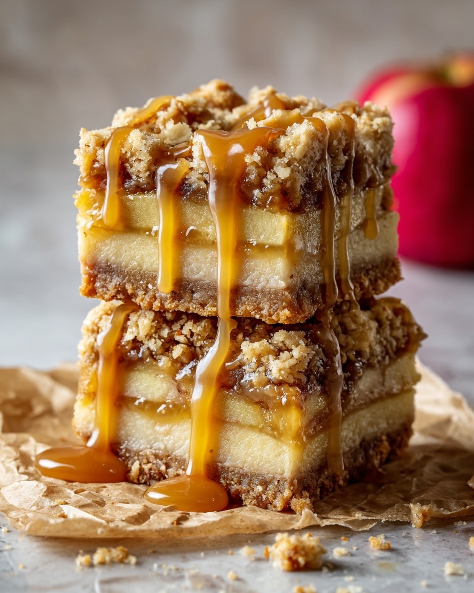 Two stacked square apple crumble bars sit on a crinkled piece of parchment paper over a white marbled surface. Each bar has four visible layers: a bottom golden crust, a thick layer of thinly sliced light yellow apples, a crumbly oat and brown sugar topping with a rough texture, and a generous drizzle of shiny golden caramel sauce that drips down the sides and pools around the bottom. Small crumbs and bits of the crumble topping are scattered around the base, adding to the rustic look. In the blurred background, a red apple can be seen. Photo taken with an iphone --ar 4:5 --v 7