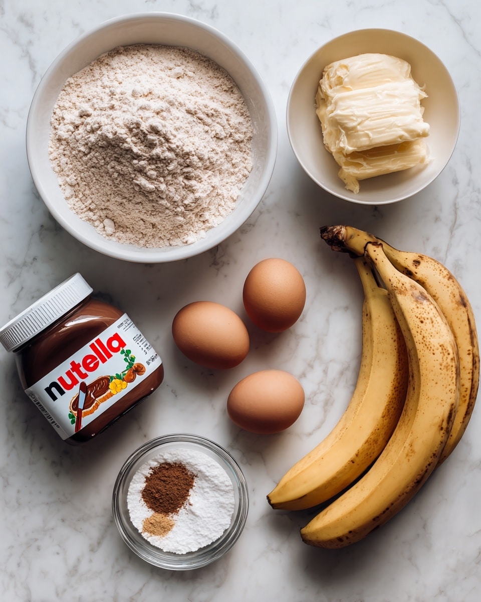 The image shows several baking ingredients arranged on a white marbled surface. At the top center, there is a white bowl filled with light brown dry flour mixture. To the right of it, a smaller white bowl holds a pale yellow soft butter. Below the smaller bowl, there are three yellow bananas with brown spots on their peels. Near the center, two brown eggs are placed side by side. On the left side of the image, a jar of Nutella with a white lid is visible, and in front of it, a small clear glass bowl contains white baking powder and a brown spice. photo taken with an iphone --ar 4:5 --v 7