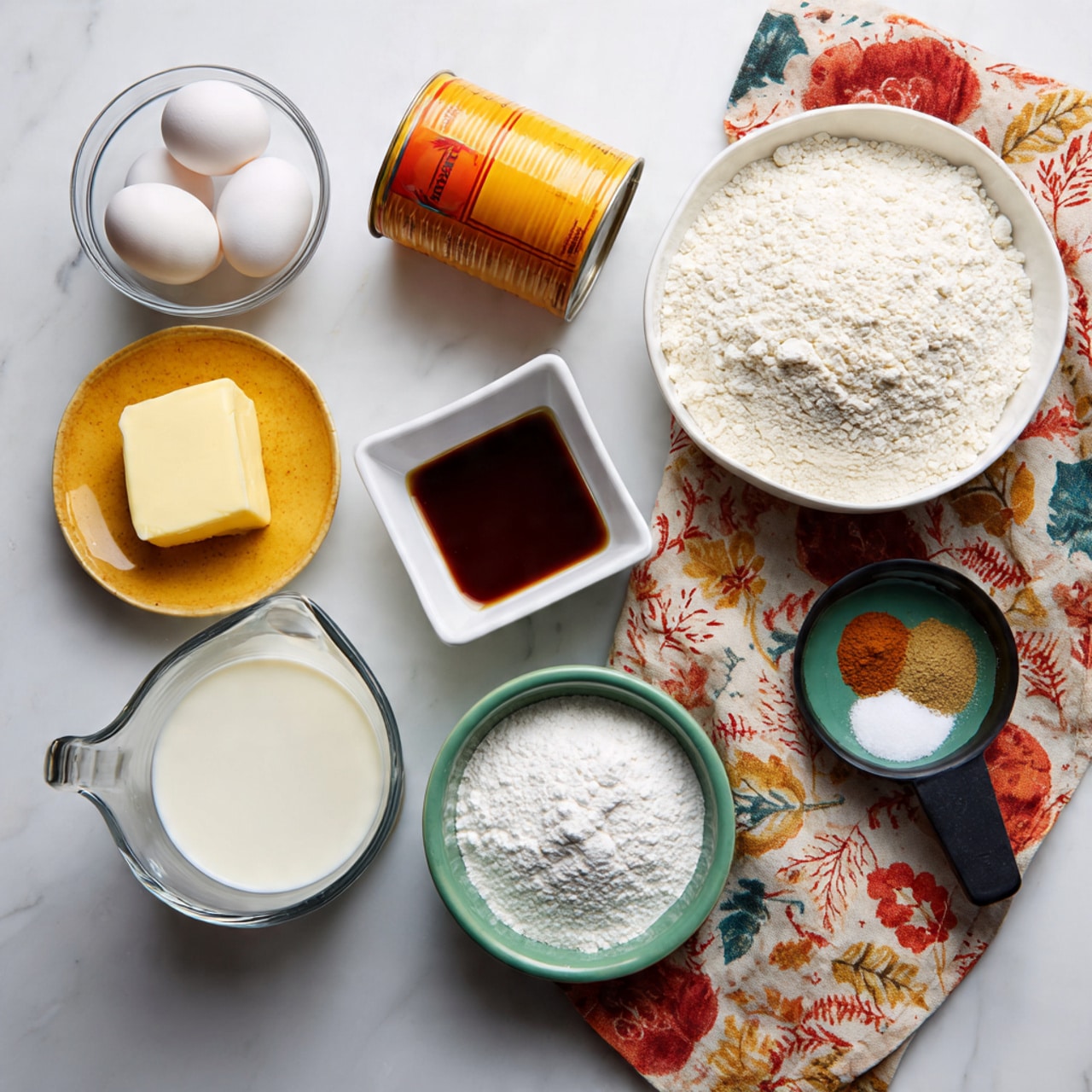 The image shows different baking ingredients laid out on a white marbled surface. There is a clear measuring cup filled with white flour on the top right next to a small square white bowl with dark vanilla liquid. To the left of that is a stick of butter placed on the marble. Near the top left, there is a small clear bowl with two white eggs, and below that is a can of orange pumpkin. At the bottom left, a clear measuring cup holds white milk. In the middle, a small clear bowl contains white baking powder, and above it, a small green bowl has a mix of salt and pumpkin pie spice. To the right of the baking powder is a black measuring cup filled with white sugar lying near a colorful cloth with autumn leaf patterns resting on the marble. photo taken with an iphone --ar 4:5 --v 7