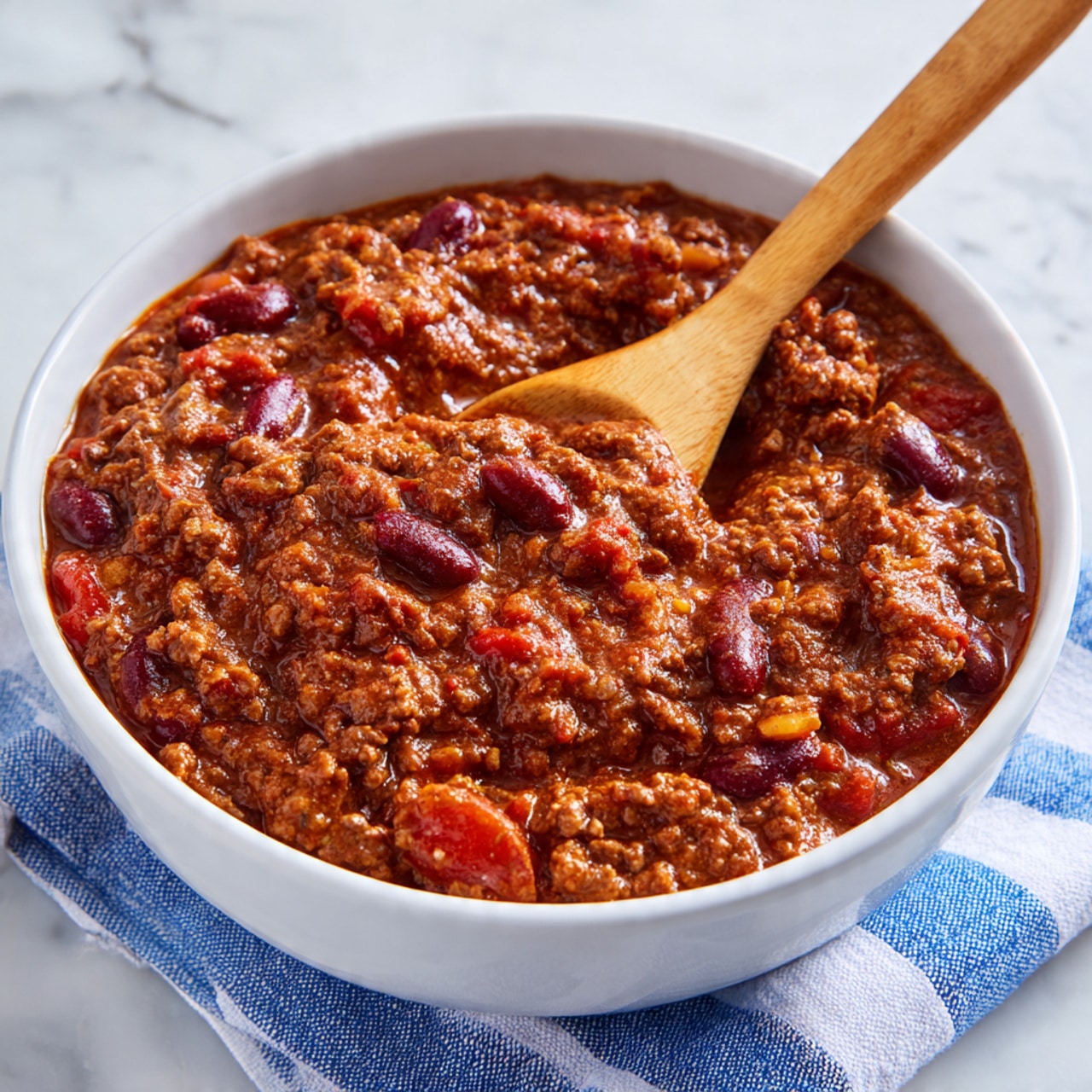 The image shows a white bowl filled with thick chili, with a chunky texture made of ground meat, red beans, and pieces of tomato. The chili has a deep reddish-brown color with little bits of onion and spices visible throughout. A wooden spoon is resting inside the bowl, partly lifting some chili, showing the moist and hearty mix of ingredients. The bowl is placed on a white marbled surface with a blue and white striped cloth next to it. Photo taken with an iphone --ar 4:5 --v 7