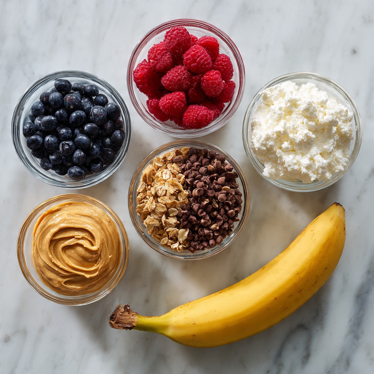 The image shows six small clear glass bowls and one whole banana arranged on a white marbled surface. The top row has three bowls: the first one filled with dark blue blueberries, the middle bowl filled with bright red raspberries, and the last bowl filled with white cottage cheese and golden honey. Below these, from left to right, there is a bowl with creamy light brown peanut butter, a bowl with crunchy brown granola, and a bowl with dark brown cacao nibs. The yellow banana lies horizontally on the right side below the bowls, with the tip pointing to the right. Photo taken with an iphone --ar 4:5 --v 7