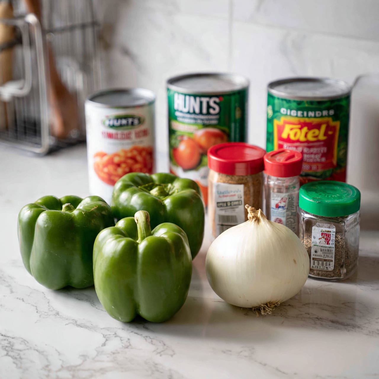 The image shows three green bell peppers placed side by side in front of a white marbled countertop. Behind the peppers, there are four canned goods including two cans of Hunts diced tomatoes, one can of Ro-Tel diced tomatoes with green chilies, and one small can that looks like tomato paste. To the right of the peppers, there is a single large white onion. In front of the peppers and onion, there are several spices in small glass and plastic containers with red and green lids. The background includes a white marbled surface with a wire rack holding some kitchen items on the left side. Photo taken with an iphone --ar 4:5 --v 7