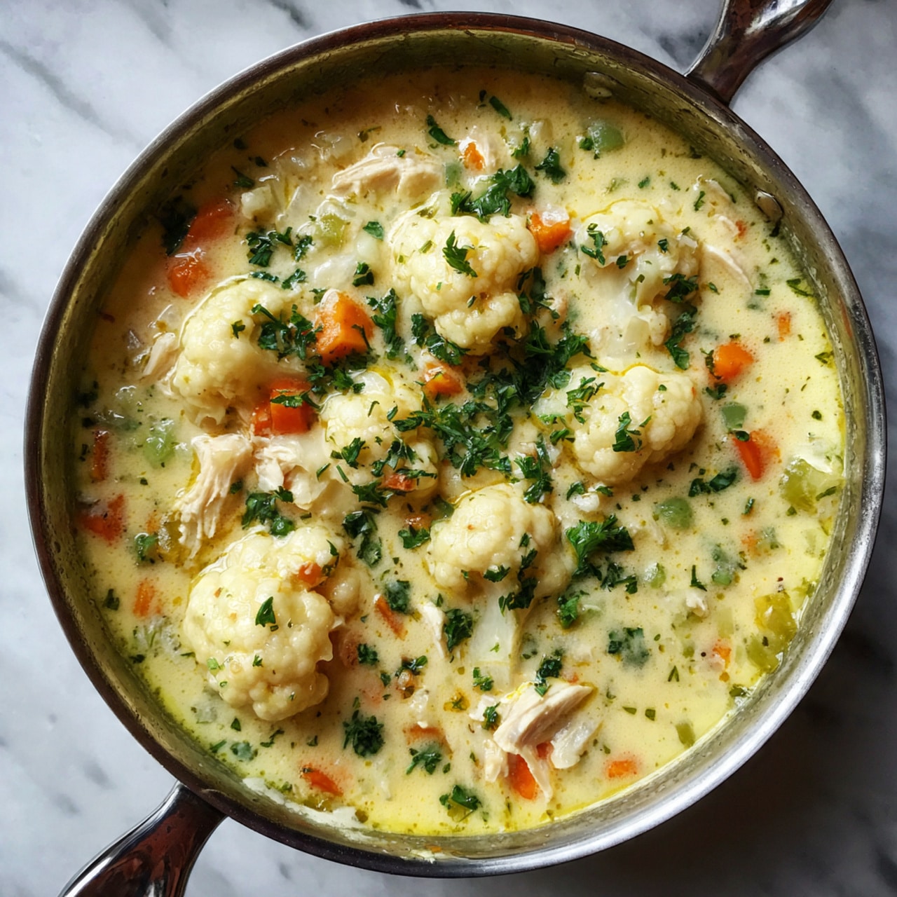 The image shows a pot filled with a creamy soup with several layers. The bottom layer is a light yellow broth with small green herbs scattered throughout. Floating above are chunks of white chicken and small orange carrot pieces. Thick, uneven cauliflower florets rest on top, offering a slightly bumpy texture. The pot sits on a white marbled surface. Photo taken with an iphone --ar 4:5 --v 7