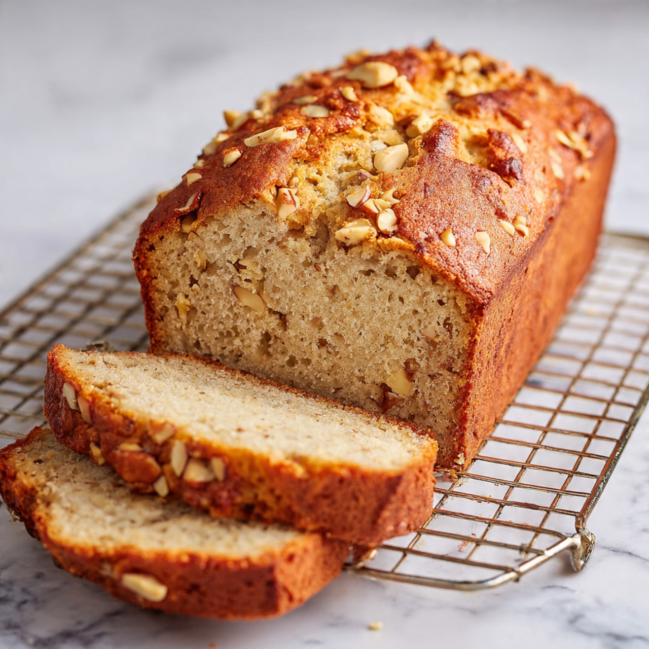 The image shows a loaf of bread sitting on a wire rack over a white marbled surface. The loaf has a golden brown crust with small pieces of nuts or seeds visible on top. Two slices have been cut from the loaf, placed in front of it, revealing a soft, moist, light brown interior with small bits of nuts or fruit throughout. The texture looks tender and slightly crumbly. Photo taken with an iphone --ar 4:5 --v 7