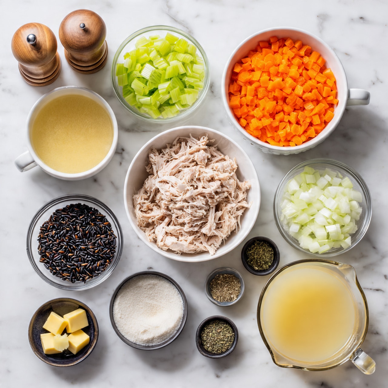 Top view of several white bowls and glass containers on a white marbled surface, each holding different ingredients: one bowl with shredded light pink cooked chicken at the center, a bowl with bright orange chopped carrots at the top right, a bowl with chopped white onions to the right, a bowl with chopped light green celery at the top left, a bowl with black wild rice on the left, a small bowl with several yellow cubes of butter, two small black bowls with dried herbs, a small metal bowl with minced light yellow garlic, a white measuring cup with white flour, a glass measuring cup with pale yellow broth, and another glass measuring cup with white cream. Two wooden salt and pepper grinders are at the top left corner. Photo taken with an iphone --ar 4:5 --v 7