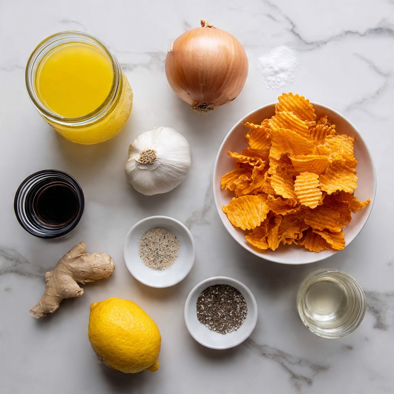 The image shows ingredients placed on a white marbled surface. There is a glass jar with yellow liquid, a white bowl filled with crinkle-cut sweet potato chips, a white shaker of salt, an onion, three garlic cloves, a piece of ginger, a lemon, two small white dishes holding spices, and a small glass cup with a dark liquid next to a small glass cup with a clear liquid. Photo taken with an iphone --ar 4:5 --v 7