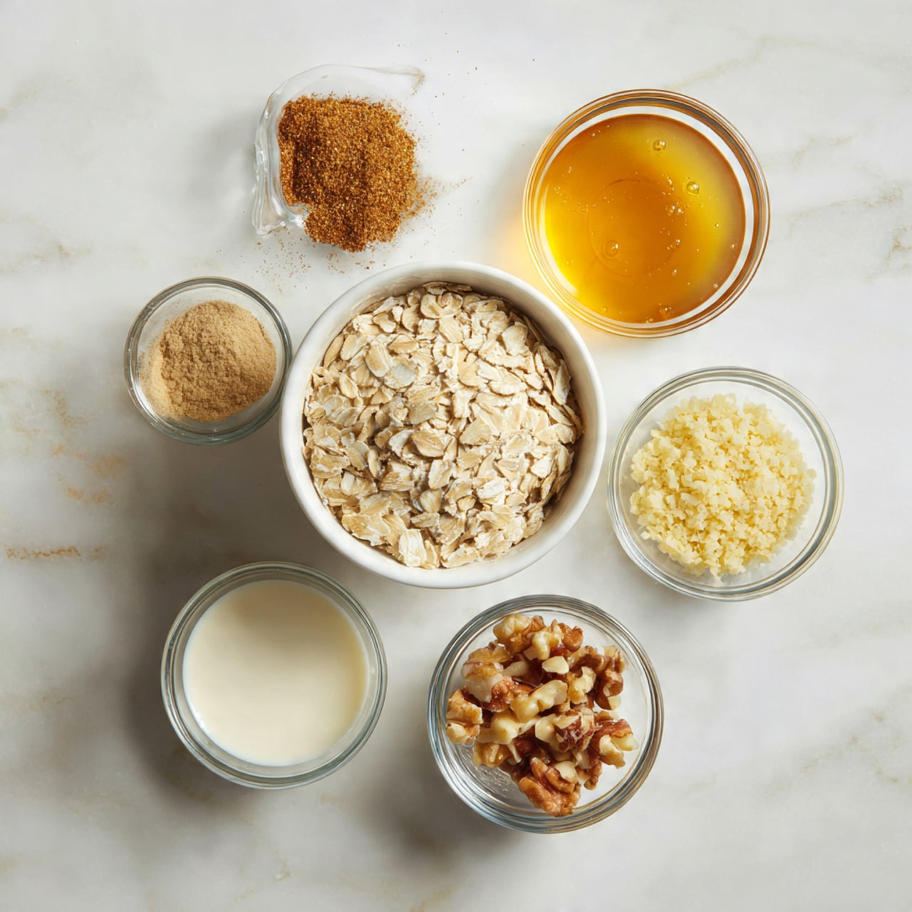 A white bowl filled with light tan rolled oats sits on a white marbled surface with five small clear glass bowls arranged around it. The small bowls hold different ingredients: one with a smooth golden honey, one with fine brown sugar and brown cinnamon powder mixed together, one with finely chopped pale yellow nuts, one with finely chopped light brown nuts, and one with a creamy white liquid. The scene is well lit, showing the different textures clearly. Photo taken with an iphone --ar 4:5 --v 7
