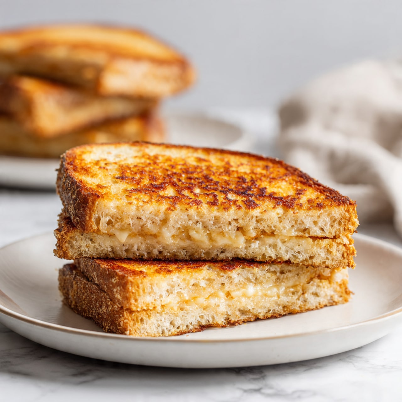 A close-up of a toasted sandwich on a white plate, showing two thick slices of golden brown, slightly crispy bread with visible toasted spots. The sandwich is positioned in the center of the plate on a white marbled surface. In the background, another white plate holds a stack of similar toasted sandwiches, slightly out of focus. The whole scene has warm lighting highlighting the texture of the bread. Photo taken with an iphone --ar 4:5 --v 7
