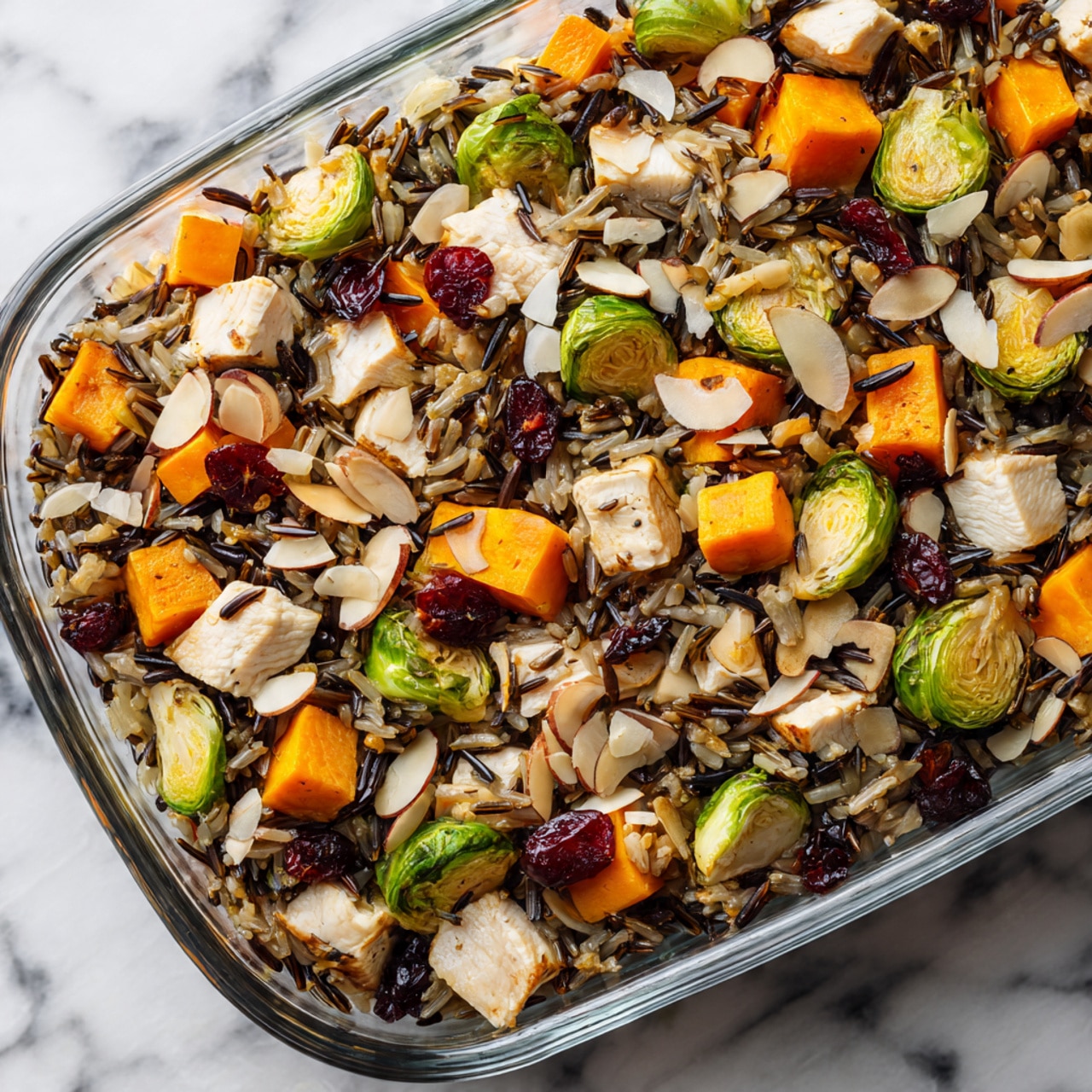 The image shows a close-up of a mixed salad with several layers. The base layer consists of a blend of long-grain brown rice and wild rice, giving a dark and textured look. On top, small cubed pieces of orange sweet potato add bright color, scattered evenly. There are also halved Brussels sprouts with a green and slightly browned texture spread across the dish. Chunks of cooked white chicken pieces are mixed in, adding a smooth and light color contrast. Thin almond slices are sprinkled over everything, adding a pale beige crunch, along with dried red cranberries which add small pops of deep red. The dish is set on a white marbled surface. photo taken with an iphone --ar 4:5 --v 7