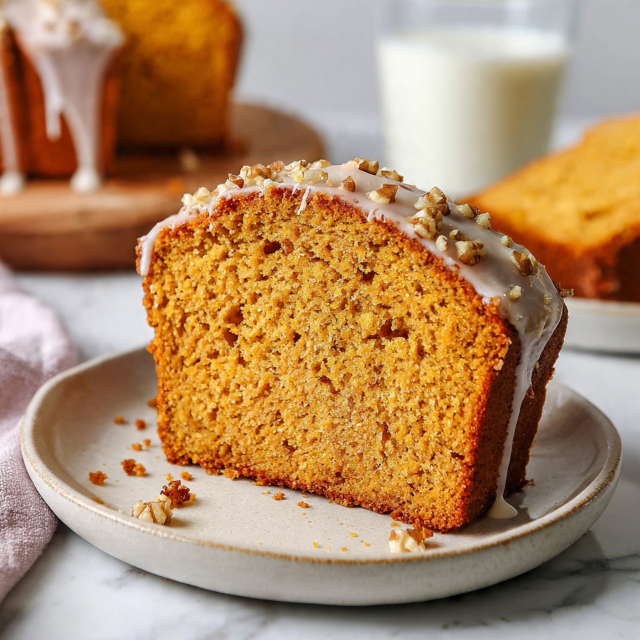 The image shows a close-up of a single slice of pumpkin bread with visible small chunks of nuts inside. The bread is moist with an orange-brown crumb and is lightly coated on the edges with a thin layer of pale glaze that drips slightly down the sides. The slice lies flat on a plain, off-white ceramic plate with some crumbs scattered around it. In the background, more slices of the pumpkin bread and a glass of milk are softly blurred on a white marbled surface. Photo taken with an iphone --ar 4:5 --v 7